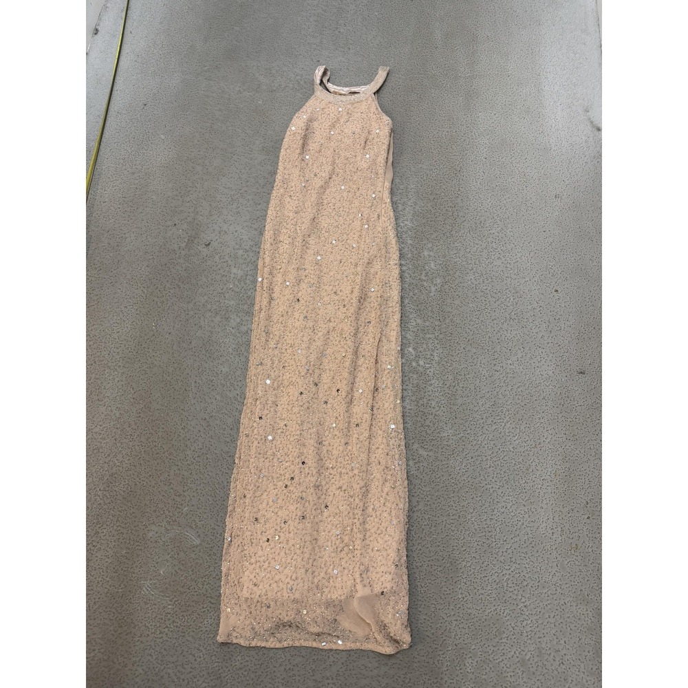 Adrianna Papell Dress Womens 8 Nude Sequin Embellished Halter Gown Formal Maxi